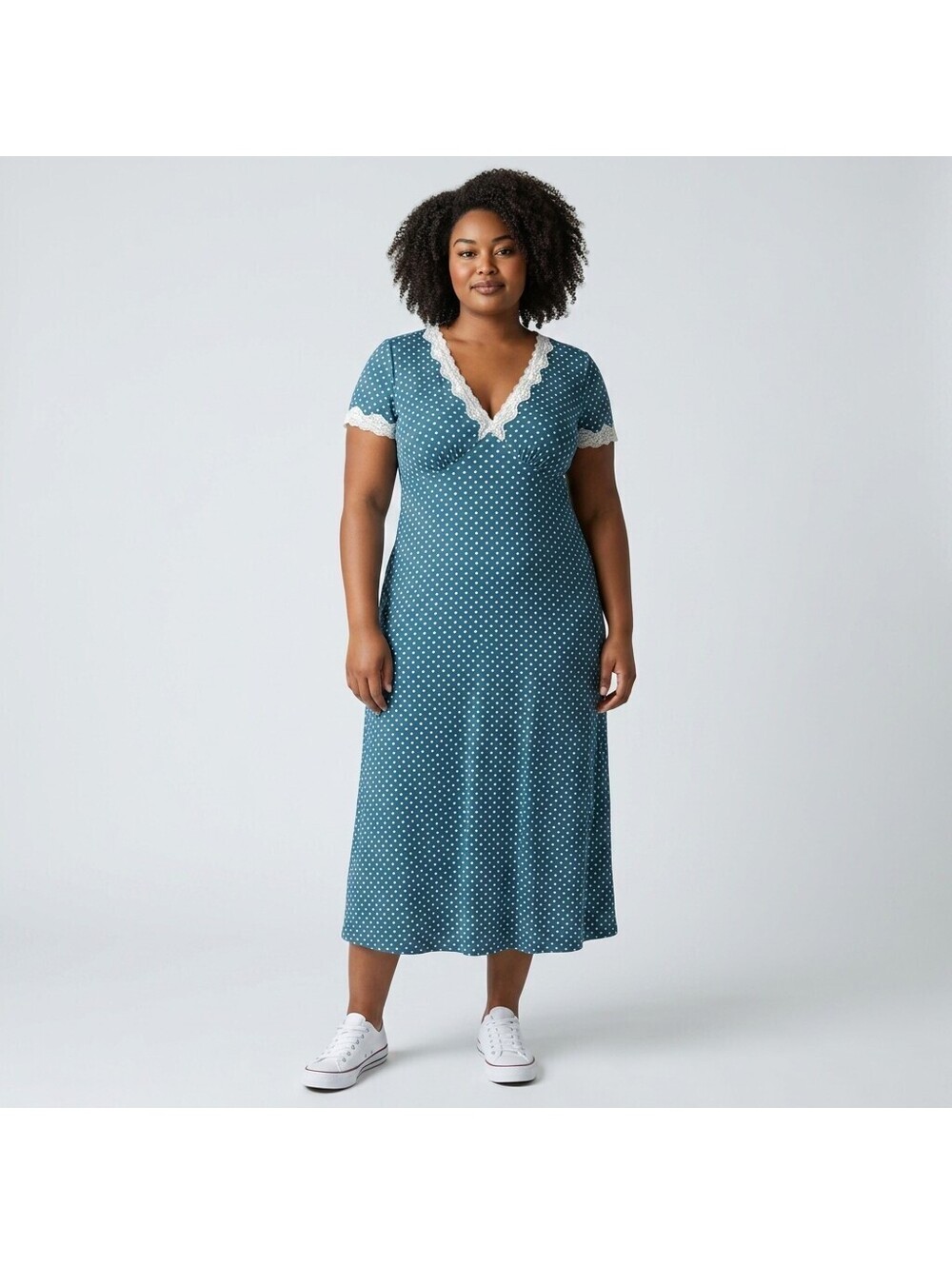 New Rihoas Dress Women XL Blue Polka Dot Sheath Midi V-Neck Belted Short Sleeve